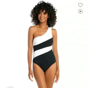 La Blanca Island Goddess Shirred One Shoulder One Piece - Black White $130